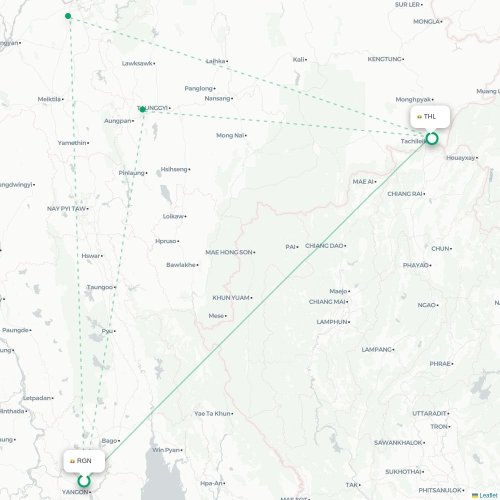 Mapa lotu bezpośredniego Rangun – Tachilek