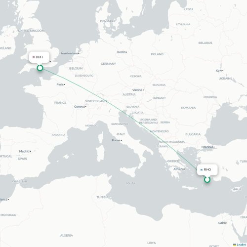 Mapa de vuelo directo Rodas - Bournemouth