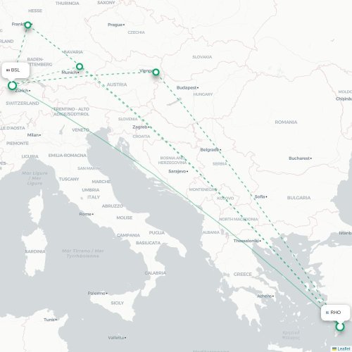 Mapa de vuelo directo Rodas - Basilea, Suiza