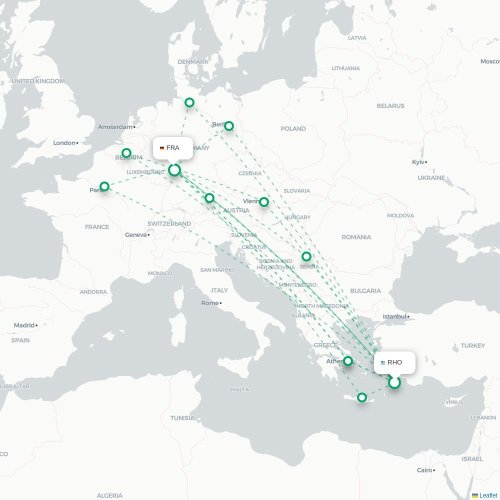 Mapa de vuelo directo Rodas - Fráncfort