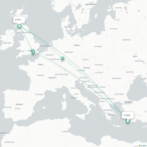 Mapa de vuelo directo Rodas - Glasgow