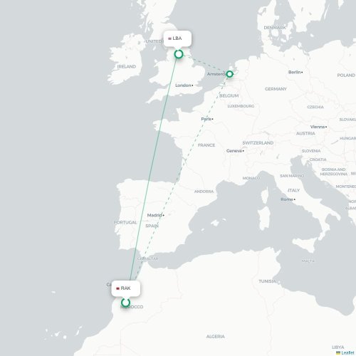 Mapa de vuelo directo Rodas - Leeds, Condado de Yorkshire del Oeste