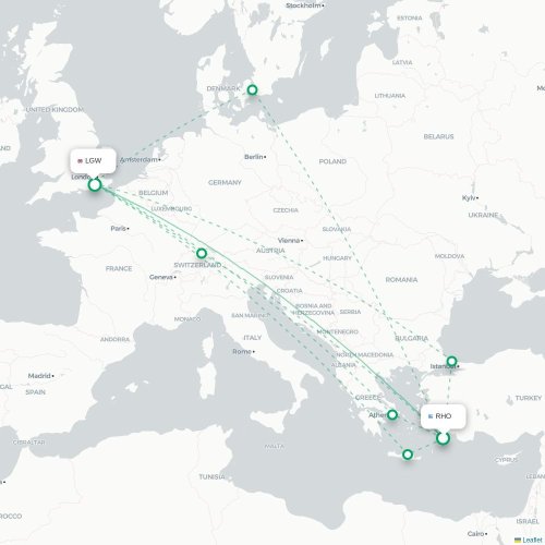 Mapa de vuelo directo Rodas - Londres