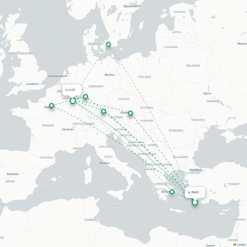 Mapa de vuelo directo Rodas - Luxemburgo