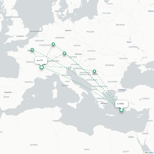 Mapa de vuelo directo Rodas - Lyon