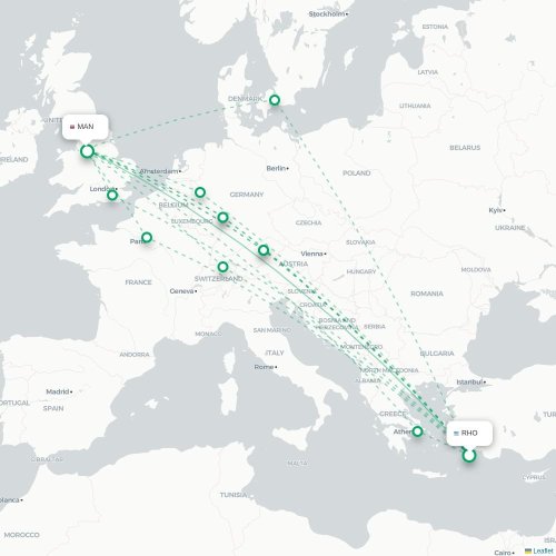 Mapa de vuelo directo Rodas - Mánchester