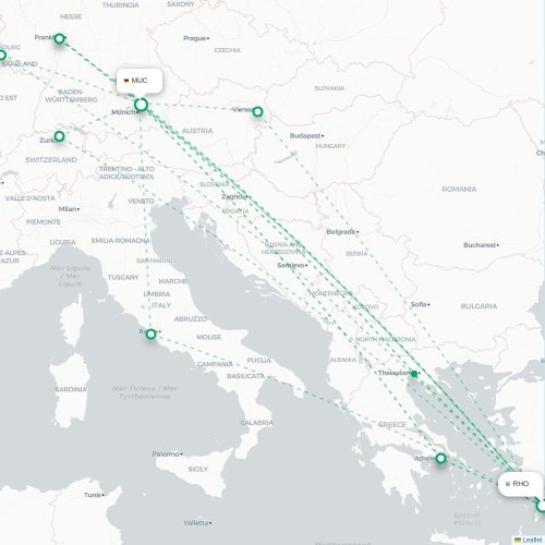 Mapa de vuelo directo Rodas - Múnich