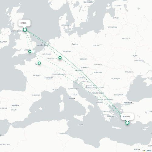 Mapa de vuelo directo Rodas - Newcastle-upon-Tyne
