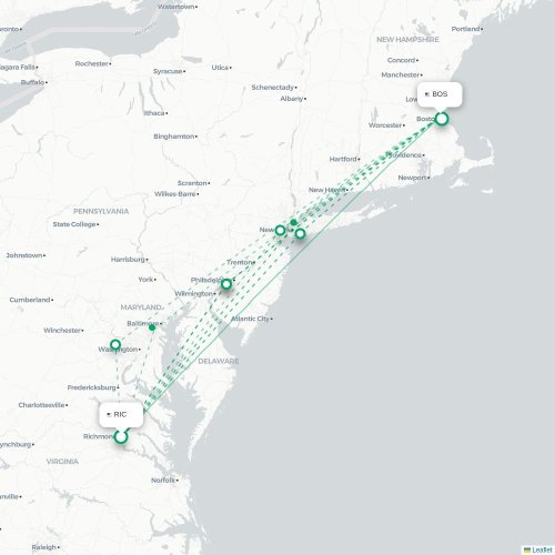 Mapa de vuelo directo Richmond - Boston