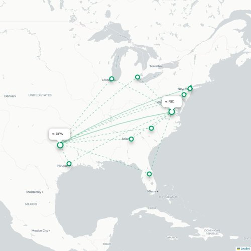 Mapa lotu bezpośredniego Richmond – Dallas