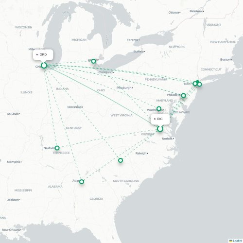 Mapa de vuelo directo Richmond - Chicago