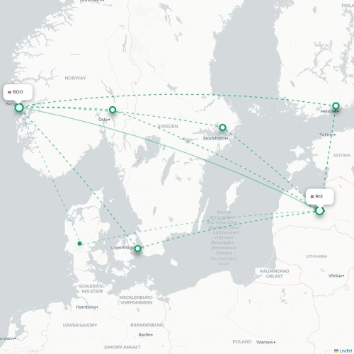 Riga - Bergen karta över direktflyg