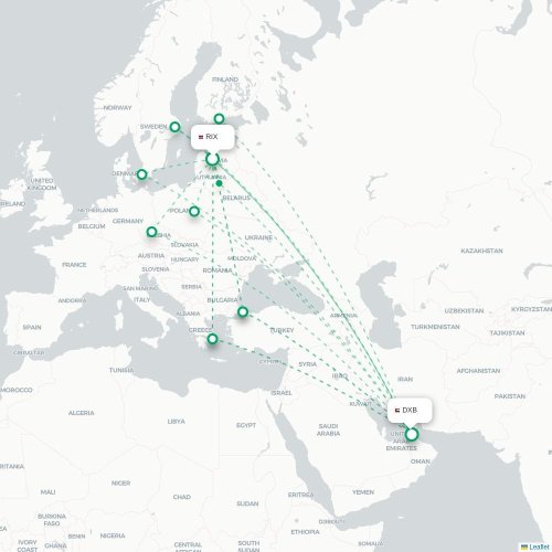 Riga - Dubai karta över direktflyg