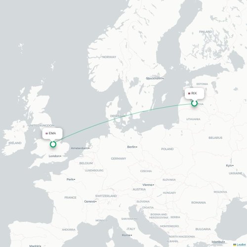 Riga - Nottingham karta över direktflyg