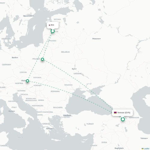 Mapa de vuelo directo Riga - Ereván
