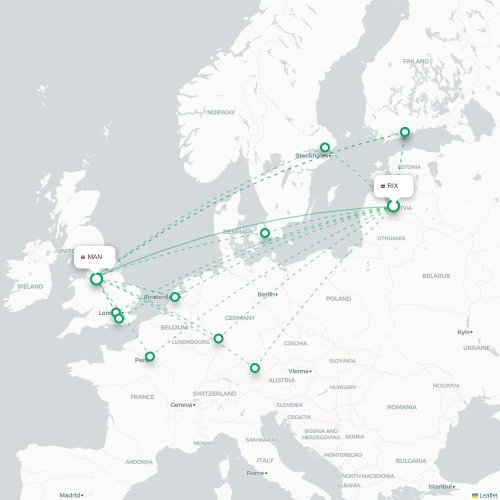 Riga - Manchester karta över direktflyg