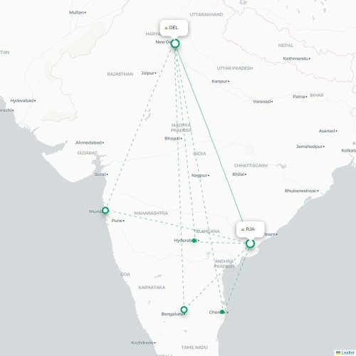 Mapa de vuelo directo Rājahmundry - Nueva Delhi