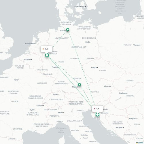 Mapa lotu bezpośredniego Rijeka – Düsseldorf