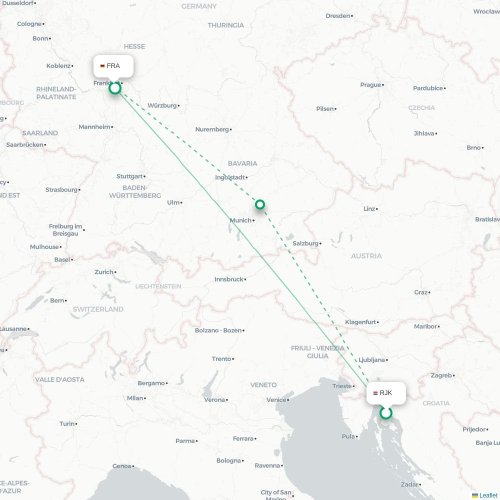 Mapa lotu bezpośredniego Rijeka – Frankfurt nad Menem
