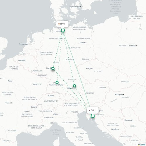 Mapa lotu bezpośredniego Rijeka – Hamburg