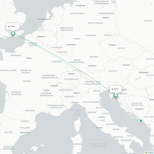 Mapa lotu bezpośredniego Rijeka – Londyn