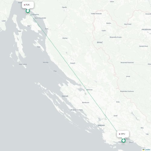 Mapa lotu bezpośredniego Rijeka – Split