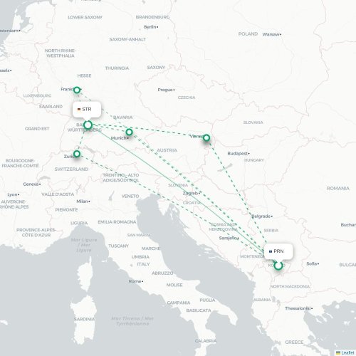 Mapa lotu bezpośredniego Rijeka – Stuttgart