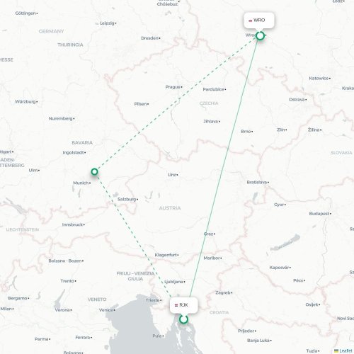 Mapa de vuelo directo Rijeka - Wrocław