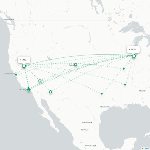 Reno - Chicago kort over direkte fly