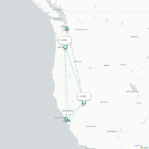 Reno - Portland kort over direkte fly