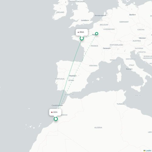 Mapa lotu bezpośredniego Rennes – Agadir