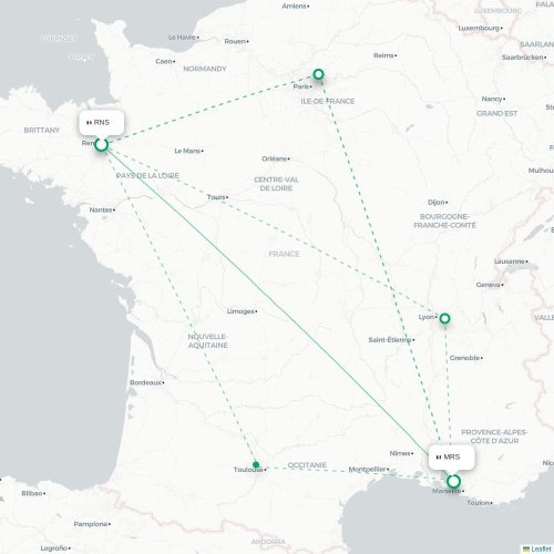 Mapa lotu bezpośredniego Rennes – Marsylia