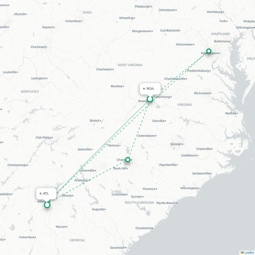 Mapa lotu bezpośredniego Roanoke – Atlanta