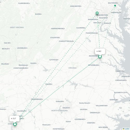 Mapa lotu bezpośredniego Roanoke – Charlotte