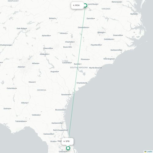 Mapa lotu bezpośredniego Roanoke – Orlando