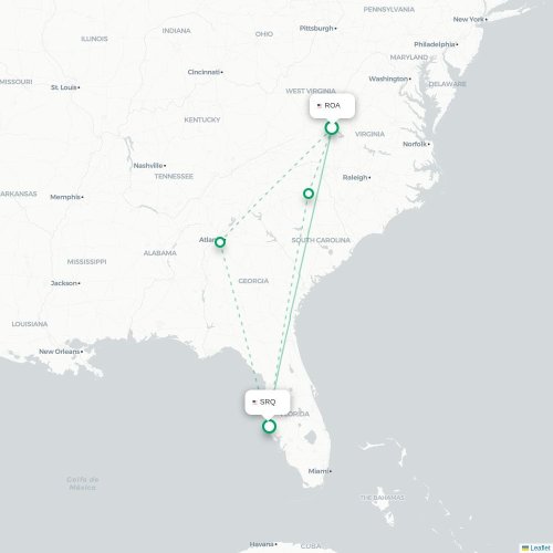 Mapa lotu bezpośredniego Roanoke – Sarasota