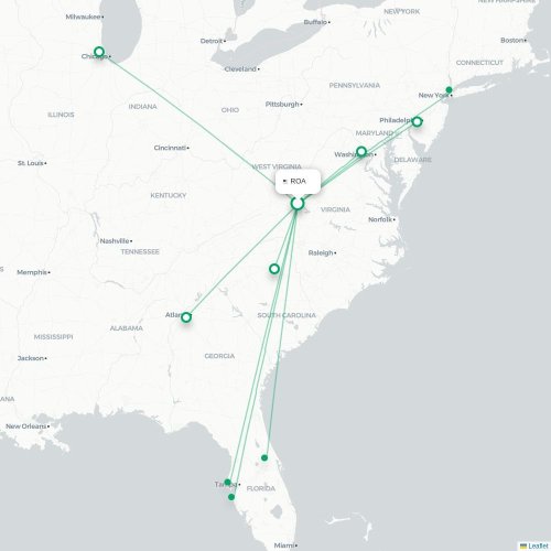 Mapa lotu bezpośredniego Roanoke – Chicago