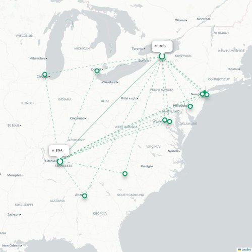 Mapa lotu bezpośredniego Rochester – Nashville