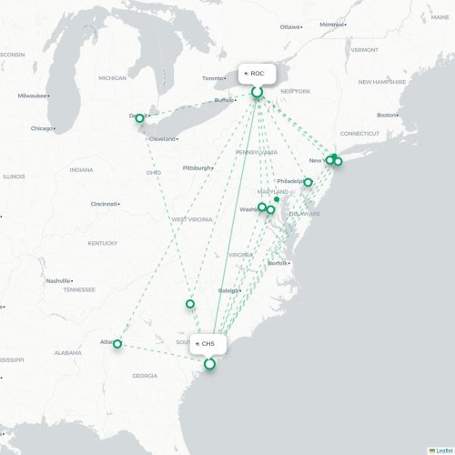 Mapa lotu bezpośredniego Rochester – Charleston