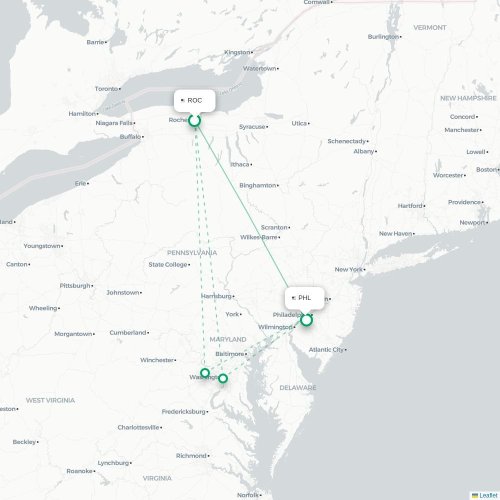 Mapa lotu bezpośredniego Rochester – Filadelfia