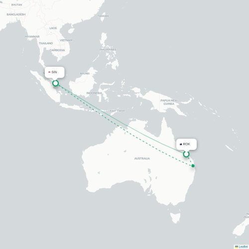 Rockhampton - Singapore kort over direkte fly