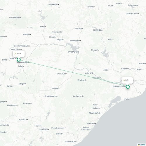 Mapa de vuelo directo Raipur - Bhubaneswar