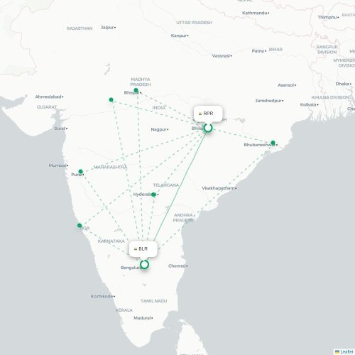 Mapa de vuelo directo Raipur - Bangalore