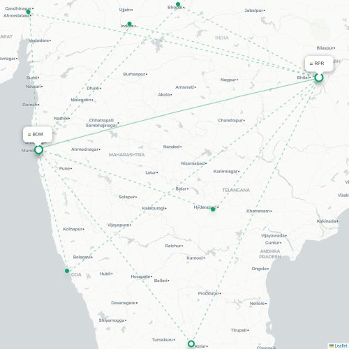 Mapa de vuelo directo Raipur - Bombay