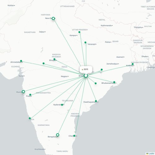 Mapa de vuelo directo Raipur - Hyderabad