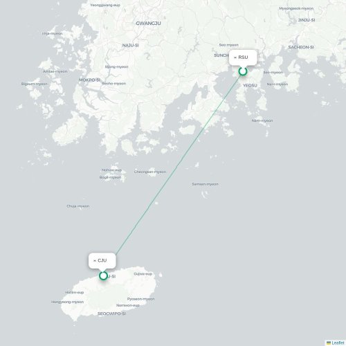Mapa lotu bezpośredniego Yeosu – Czedżu