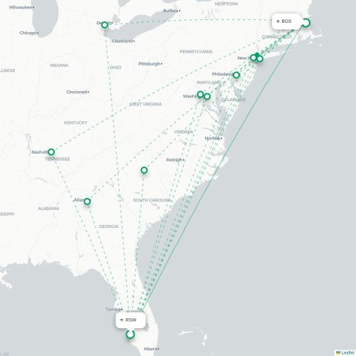 Mapa lotu bezpośredniego Fort Myers – Boston