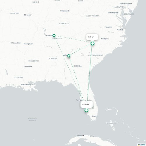 Mapa lotu bezpośredniego Fort Myers – Charlotte