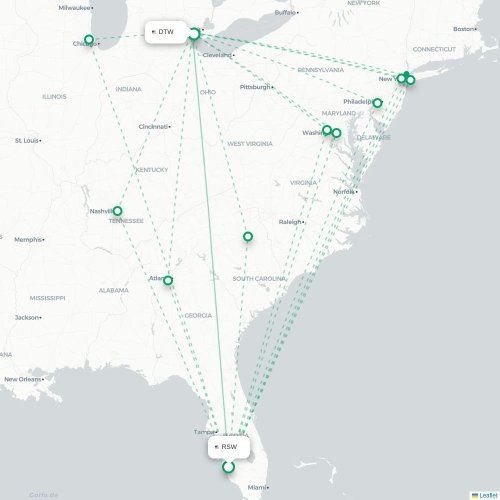 Mapa lotu bezpośredniego Fort Myers – Detroit