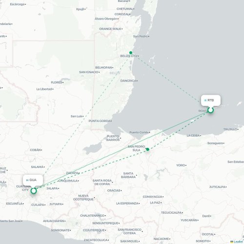 Mapa lotu bezpośredniego Coxen Hole – Gwatemala
